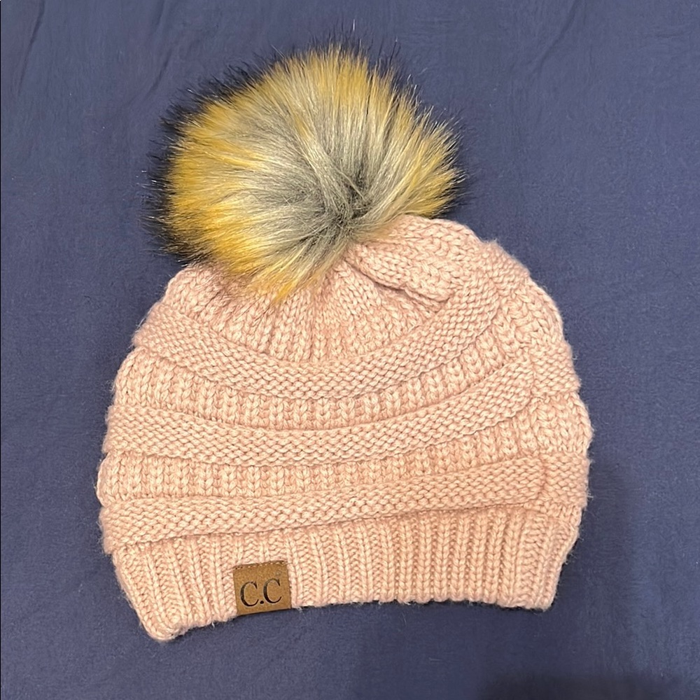 C.C Women’s Pink Knit Beanie with Faux Fur Pom